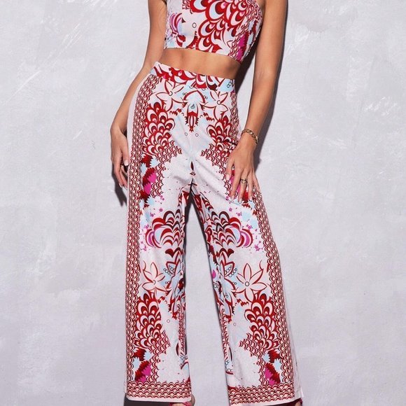 Multicolor Boho Womens Floral Print Tie Shoulder Cami Top & Wide Leg Pants - Picture 3 of 5